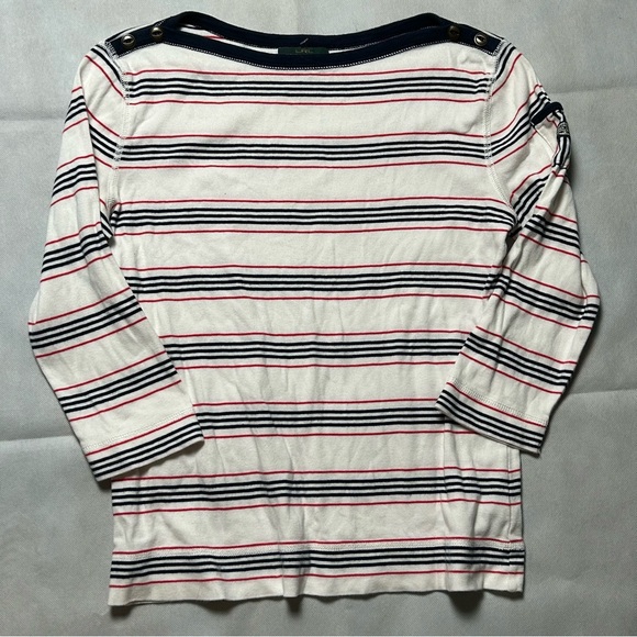 Lauren Jeans Co striped 3/4 sleeve boat neck button shoulder top size medium - Picture 1 of 6